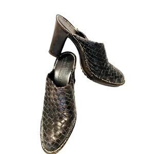 Donald J Pliner Italy Dark Brown Woven Leather Heel Mules "BUSY" Womens Size 8.5